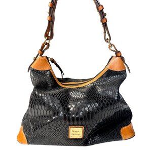 Dooney & Bourke Black Snake Embossed Leather Shoulder Bag With Tan Accents